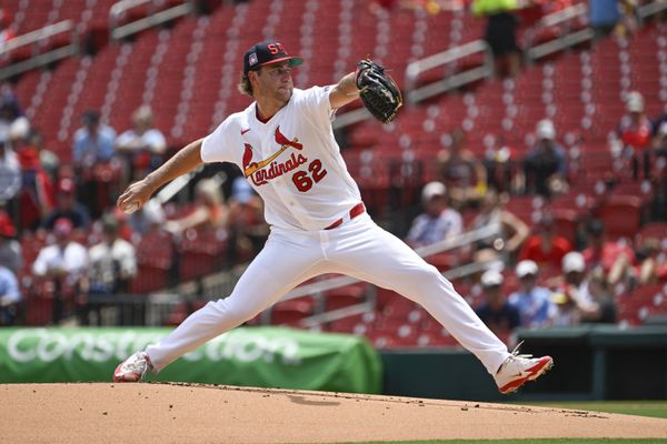 Jul 26, 2026; St. Louis, Missouri, USA; St. Louis Cardinals starting pitcher Kyle Leahy (62) pitches against the Cincinnati Reds in the first inning at Busch Stadium. Mandatory Credit: Joe Puetz-Imagn Images