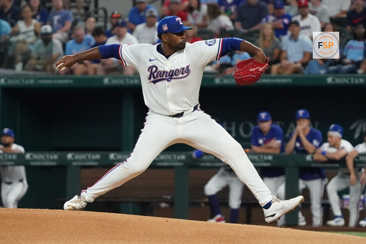 Jul 26, 2025; Arlington, Texas, USA; Texas Rangers starting pitcher Kumar Rocker (80) throws to the plate during the first inning against the Atlanta Braves at Globe Life Field. Credit: Raymond Carlin III-Imagn Images