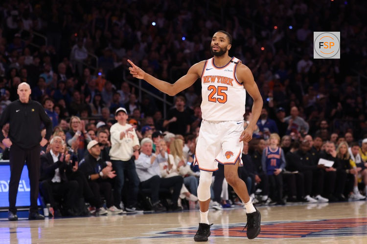 May 29, 2025; New York, New York, USA; New York Knicks forward Mikal Bridges (25) reacts in the fourth quarter against the Indiana Pacers during game five of the eastern conference finals for the 2025 NBA Playoffs at Madison Square Garden. Credit: Vincent Carchietta-Imagn Images