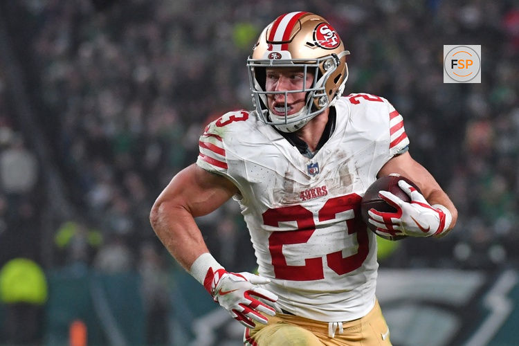 Dec 3, 2023; Philadelphia, Pennsylvania, USA; San Francisco 49ers running back Christian McCaffrey (23) against the Philadelphia Eagles at Lincoln Financial Field. Credit: Eric Hartline-USA TODAY Sports