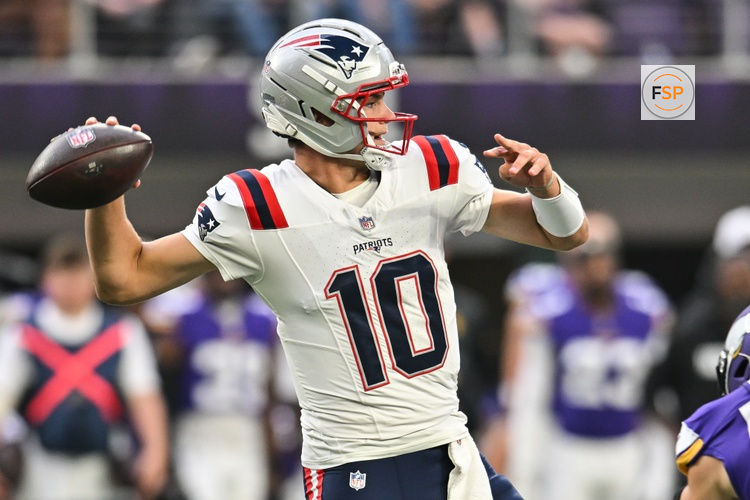 Aug 16, 2025; Minneapolis, Minnesota, USA;  New England Patriots quarterback Drake Maye (10) throws a pass against the Minnesota Vikings during the first quarter at U.S. Bank Stadium. Credit: Jeffrey Becker-Imagn Images