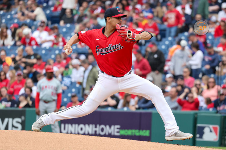 CLEVELAND, OH - MAY 05: Cleveland Guardians starting pitcher Carlos Carrasco (59) delivers a pitch to the plate during the second inning of the Major League Baseball game between the Los Angeles Angels and Cleveland Guardians on May 5, 2024, at Progressive Field in Cleveland, OH. (Photo by Frank Jansky/Icon Sportswire)