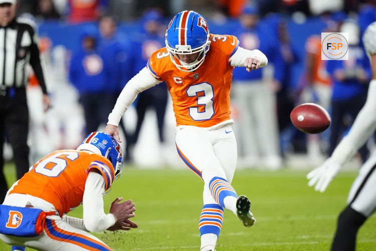 Nov 6, 2025; Denver, Colorado, USA; Denver Broncos kicker Wil Lutz (3) kicks a field goal against the Las Vegas Raiders during the second half at Empower Field at Mile High. Credit: Ron Chenoy-Imagn Images