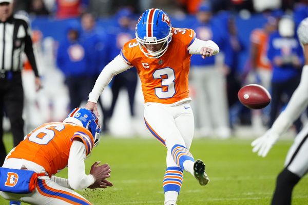 Nov 6, 2025; Denver, Colorado, USA; Denver Broncos kicker Wil Lutz (3) kicks a field goal against the Las Vegas Raiders during the second half at Empower Field at Mile High. Mandatory Credit: Ron Chenoy-Imagn Images