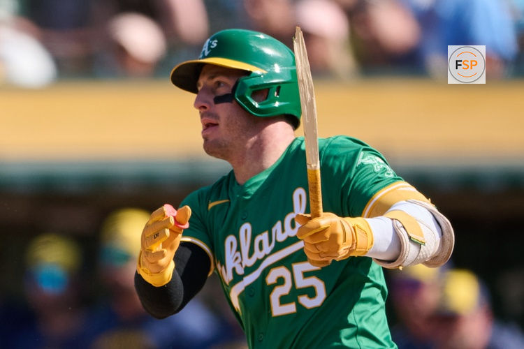 Aug 24, 2024; Oakland, California, USA; Oakland Athletics outfielder Brent Rooker (25) breaks his bat against the Milwaukee Brewers during the the ninth inning at Oakland-Alameda County Coliseum. Credit: Robert Edwards-USA TODAY Sports
