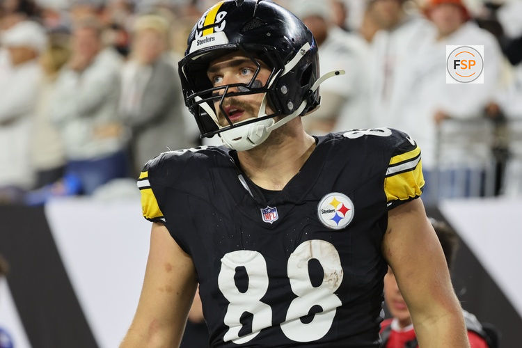 Oct 16, 2025; Cincinnati, Ohio, USA; Pittsburgh Steelers tight end Pat Freiermuth (88) reacts after scoring a touchdown against the Cincinnati Bengals during the fourth quarter at Paycor Stadium. Credit: Joseph Maiorana-Imagn Images
