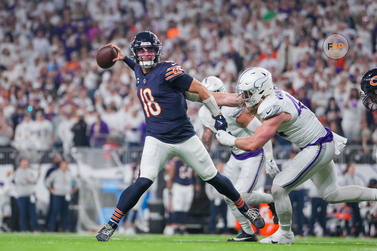 Dec 16, 2024; Minneapolis, Minnesota, USA; Chicago Bears quarterback Caleb Williams (18) passes against the Minnesota Vikings linebacker Andrew Van Ginkel (43) in the third quarter at U.S. Bank Stadium. Credit: Brad Rempel-Imagn Images