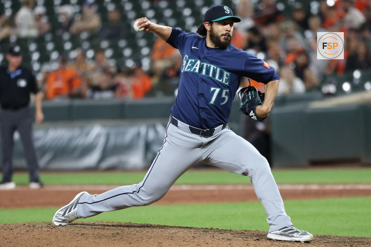 Jun 8, 2026; Baltimore, Maryland, USA; Seattle Mariners pitcher Andres Munoz (75) throws during the ninth inning against the Baltimore Orioles at Oriole Park at Camden Yards. Credit: Daniel Kucin Jr.-Imagn Images