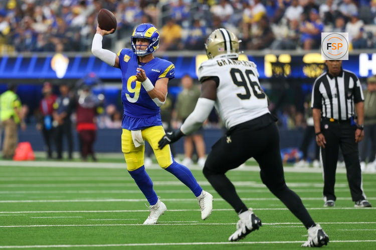 Nov 2, 2025; Inglewood, California, USA; Los Angeles Rams quarterback Matthew Stafford (9) throws a pass against the New Orleans Saints during the second half at SoFi Stadium. Credit: Kiyoshi Mio-Imagn Images