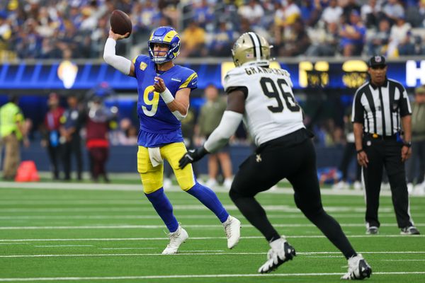 Nov 2, 2025; Inglewood, California, USA; Los Angeles Rams quarterback Matthew Stafford (9) throws a pass against the New Orleans Saints during the second half at SoFi Stadium. Mandatory Credit: Kiyoshi Mio-Imagn Images