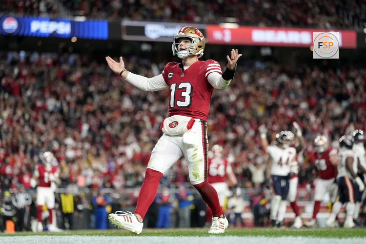 Dec 28, 2025; Santa Clara, California, USA; San Francisco 49ers quarterback Brock Purdy (13) celebrates after scoring a touchdown against the Chicago Bears in the first half at Levi's Stadium. Credit: Kyle Terada-Imagn Images