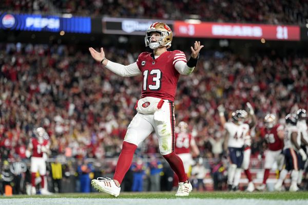 Dec 28, 2025; Santa Clara, California, USA; San Francisco 49ers quarterback Brock Purdy (13) celebrates after scoring a touchdown against the Chicago Bears in the first half at Levi's Stadium. Mandatory Credit: Kyle Terada-Imagn Images