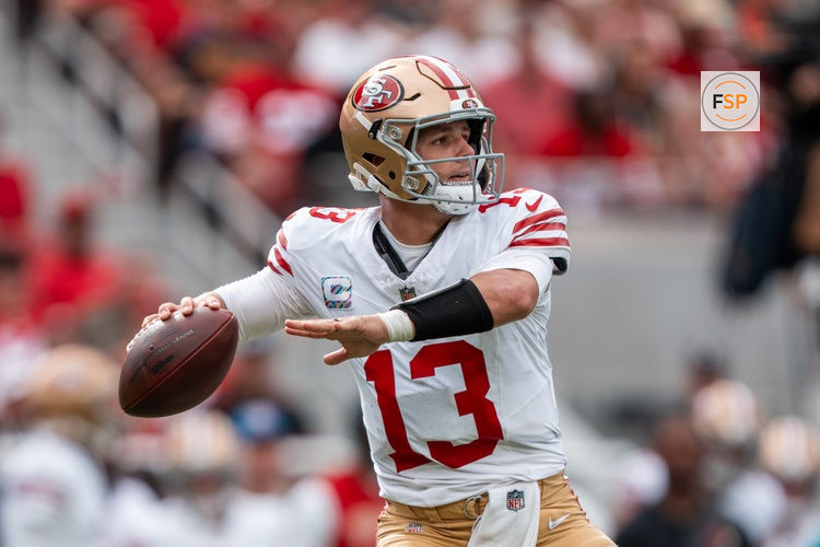 September 28, 2025; Santa Clara, California, USA; San Francisco 49ers quarterback Brock Purdy (13) during the third quarter against the Jacksonville Jaguars at Levi's Stadium. Credit: Kyle Terada-Imagn Images