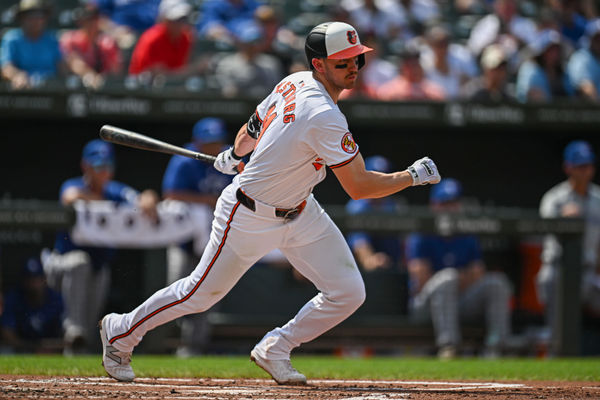 Jul 29, 2024; Baltimore, Maryland, USA; Baltimore Orioles third baseman Jordan Westburg (11) hits a single during the first inning against the Toronto Blue Jays at Oriole Park at Camden Yards. Mandatory Credit: Reggie Hildred-USA TODAY Sports