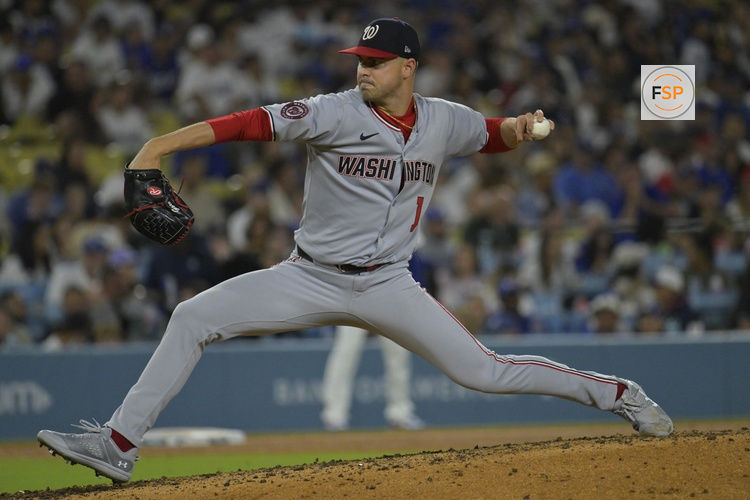 Jun 20, 2025; Los Angeles, California, USA;  Washington Nationals starting pitcher MacKenzie Gore (1) delivers to the plate in the sixth inning against the Los Angeles Dodgers at Dodger Stadium. Credit: Jayne Kamin-Oncea-Imagn Images