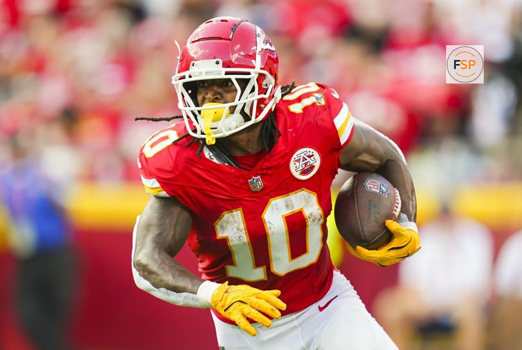 Sep 15, 2024; Kansas City, Missouri, USA; Kansas City Chiefs running back Isiah Pacheco (10) runs the ball during the first half against the Cincinnati Bengals at GEHA Field at Arrowhead Stadium. Credit: Jay Biggerstaff-Imagn Images