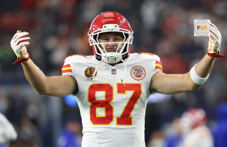 Nov 27, 2025; Arlington, Texas, USA; Kansas City Chiefs tight end Travis Kelce (87) warms up prior to the game against the Dallas Cowboys at AT&T Stadium. Credit: Kevin Jairaj-Imagn Images