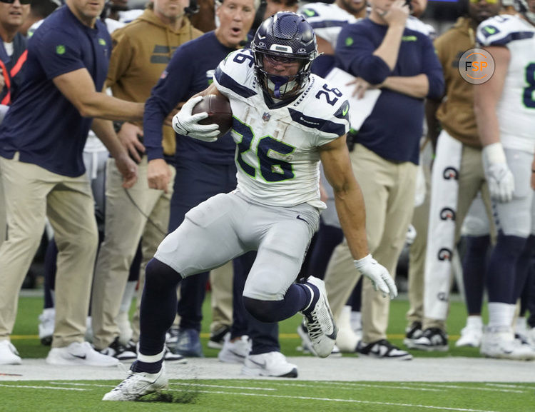 INGLEWOOD, CA - NOVEMBER 19: Zach Charbonnet #26 of the Seahawks during the Los Angeles Rams game versus the Seattle Seahawks on November 19, 2023, at SoFi Stadium in Inglewood, CA. (Photo by Kevin Reece/Icon Sportswire)