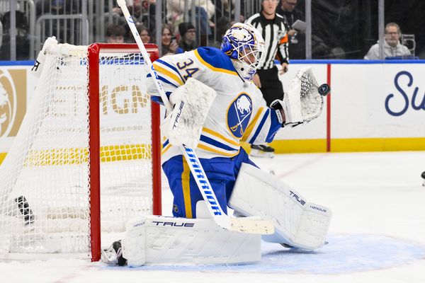Dec 29, 2025; St. Louis, Missouri, USA; Buffalo Sabres goaltender Alex Lyon (34) makes a glove save against the St. Louis Blues during the second period at Enterprise Center. Mandatory Credit: Jeff Curry-Imagn Images