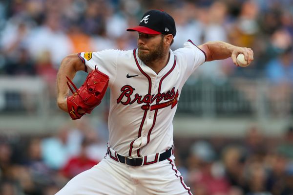 Aug 7, 2024; Atlanta, Georgia, USA; Atlanta Braves starting pitcher Chris Sale (51) throws against the Milwaukee Brewers in the first inning at Truist Park. Mandatory Credit: Brett Davis-USA TODAY Sports
