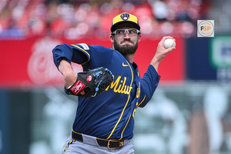 May 6, 2026; St. Louis, Missouri, USA; Milwaukee Brewers pitcher Aaron Ashby (26) pitches against the St. Louis Cardinals during the sixth inning at Busch Stadium. Credit: Jeff Curry-Imagn Images