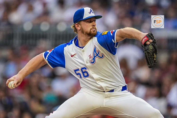 Jun 28, 2025; Cumberland, Georgia, USA; Atlanta Braves starting pitcher Spencer Schwellenbach (56) pitches against the Philadelphia Phillies during the second inning at Truist Park. Credit: Dale Zanine-Imagn Images