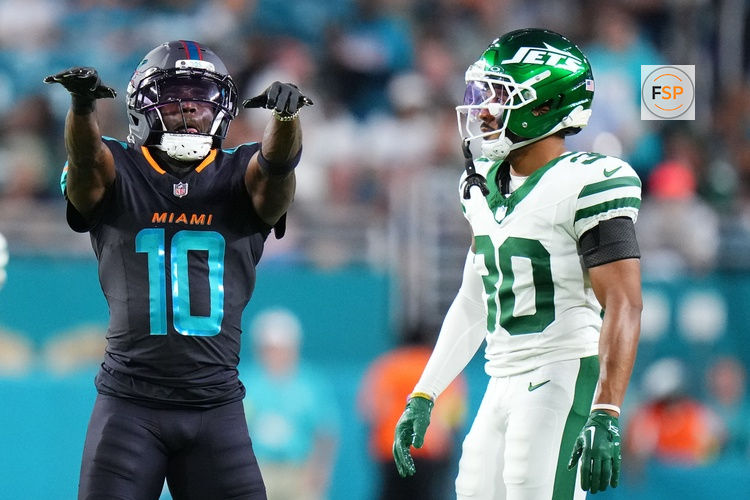Sep 29, 2025; Miami Gardens, Florida, USA; Miami Dolphins wide receiver Tyreek Hill (10) reacts after a play against the New York Jets during the first half at Hard Rock Stadium. Credit: Rich Storry-Imagn Images