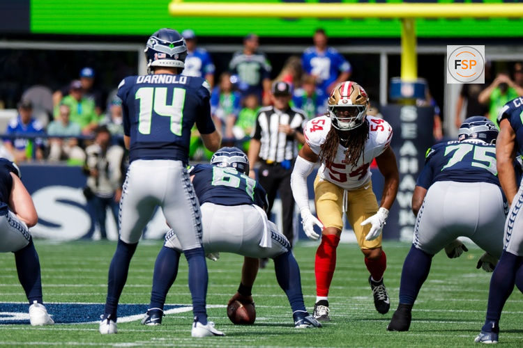 Sep 7, 2025; Seattle, Washington, USA; San Francisco 49ers linebacker Fred Warner (54) waits for a snap against the Seattle Seahawks during the second quarter at Lumen Field. Credit: Joe Nicholson-Imagn Images