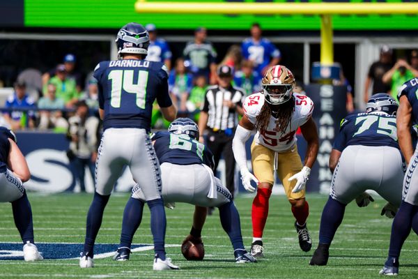 Sep 7, 2025; Seattle, Washington, USA; San Francisco 49ers linebacker Fred Warner (54) waits for a snap against the Seattle Seahawks during the second quarter at Lumen Field. Mandatory Credit: Joe Nicholson-Imagn Images