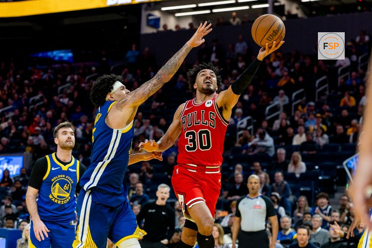 Mar 10, 2026; San Francisco, California, USA; Chicago Bulls guard Tre Jones (30) shoots during overtime against the Golden State Warriors at Chase Center. Credit: Bob Kupbens-Imagn Images