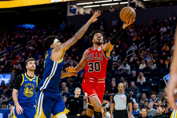 Mar 10, 2026; San Francisco, California, USA; Chicago Bulls guard Tre Jones (30) shoots during overtime against the Golden State Warriors at Chase Center. Mandatory Credit: Bob Kupbens-Imagn Images