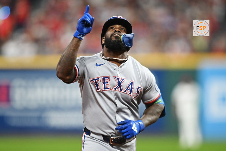 Sep 27, 2025; Cleveland, Ohio, USA; Texas Rangers designated hitter Adolis Garcia (53) rounds the bases after hitting a home run against the Cleveland Guardians during the fourth inning at Progressive Field. Credit: Ken Blaze-Imagn Images