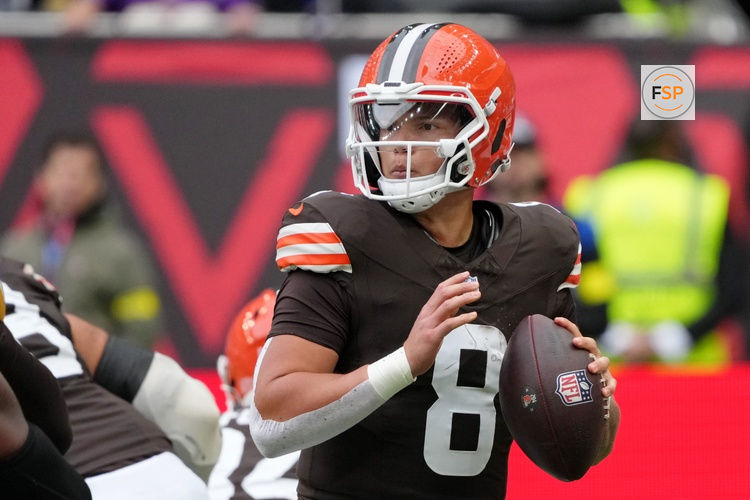 Oct 5, 2025; Tottenham, United Kingdom; Cleveland Browns quarterback Dillon Gabriel (8) looks to pass the ball against the Minnesota Vikings during the second quarter of an NFL International Series game at Tottenham Hotspur Stadium. Credit: Kirby Lee-Imagn Images