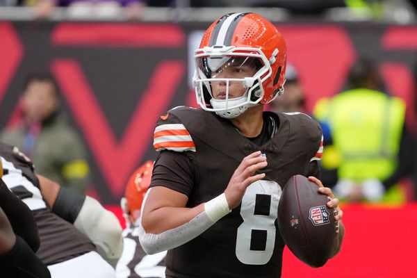 Oct 5, 2025; Tottenham, United Kingdom; Cleveland Browns quarterback Dillon Gabriel (8) looks to pass the ball against the Minnesota Vikings during the second quarter of an NFL International Series game at Tottenham Hotspur Stadium. Mandatory Credit: Kirby Lee-Imagn Images