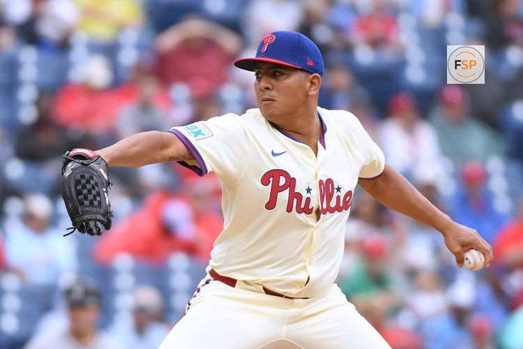May 4, 2025; Philadelphia, Pennsylvania, USA; Philadelphia Phillies pitcher Ranger Suarez (55) throws a pitch during the first inning against the Arizona Diamondbacks at Citizens Bank Park. Credit: Eric Hartline-Imagn Images