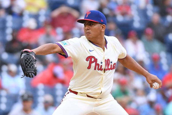 May 4, 2025; Philadelphia, Pennsylvania, USA; Philadelphia Phillies pitcher Ranger Suarez (55) throws a pitch during the first inning against the Arizona Diamondbacks at Citizens Bank Park. Mandatory Credit: Eric Hartline-Imagn Images