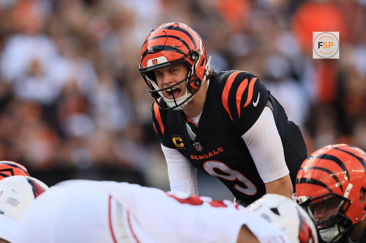 Dec 28, 2025; Cincinnati, Ohio, USA; Cincinnati Bengals quarterback Joe Burrow (9) calls signals during the second half against the Arizona Cardinals at Paycor Stadium. Credit: Katie Stratman-Imagn Images