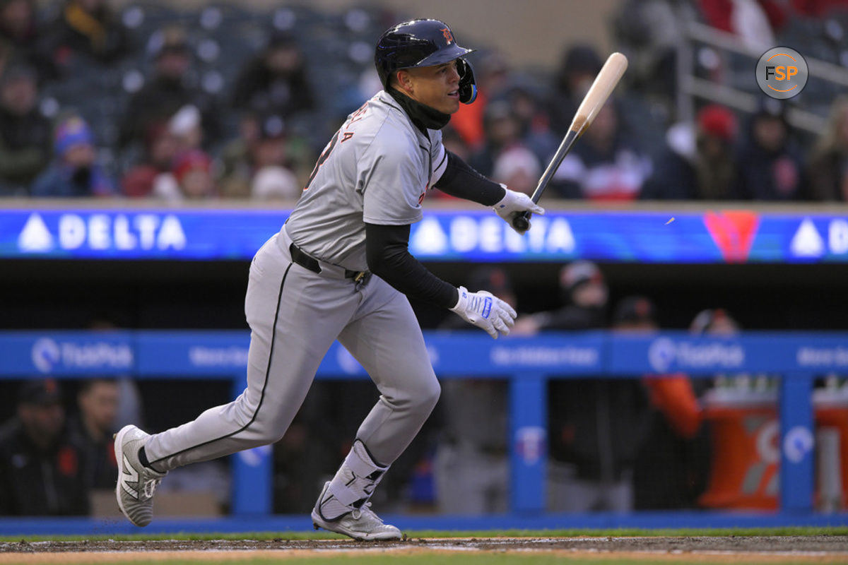 MINNEAPOLIS, MINNESOTA – APRIL 19: Detroit Tigers infielder Gio Urshela (13) approaches first base during a MLB game between the Minnesota Twins and the Detroit Tigers at Target Field in Minneapolis, Minnesota on April 19, 2024. (Photo by Nick Wojczka/Icon Sportswire)
