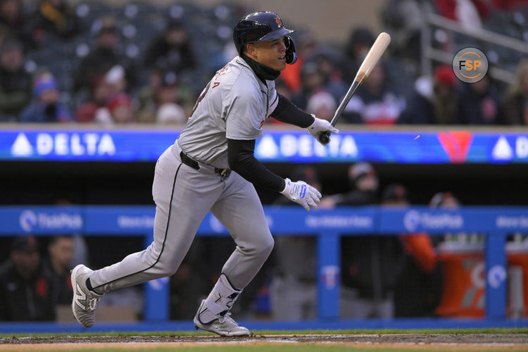 MINNEAPOLIS, MN - APRIL 19: Detroit Tigers infielder Gio Urshela (13) heads to first during a MLB game between the Minnesota Twins and Detroit Tigers on April 19, 2024, at Target Field in Minneapolis, MN.(Photo by Nick Wosika/Icon Sportswire)


