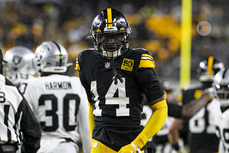 PITTSBURGH, PA - DECEMBER 24: Pittsburgh Steelers wide receiver George Pickens (14) looks on during the national football league game between the Las Vegas Raiders and the Pittsburgh Steelers on December 24, 2022 at Acrisure Stadium in Pittsburgh, PA. (Photo by Mark Alberti/Icon Sportswire)