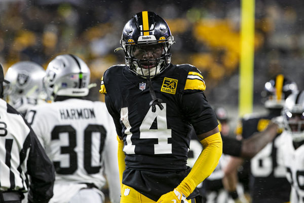 PITTSBURGH, PA - DECEMBER 24: Pittsburgh Steelers wide receiver George Pickens (14) looks on during the national football league game between the Las Vegas Raiders and the Pittsburgh Steelers on December 24, 2022 at Acrisure Stadium in Pittsburgh, PA. (Photo by Mark Alberti/Icon Sportswire)