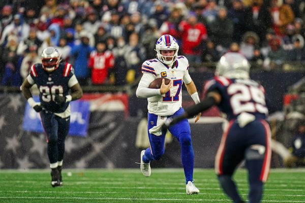Dec 14, 2025; Foxborough, Massachusetts, USA; Buffalo Bills quarterback Josh Allen (17) runs the ball against the New England Patriots in the second half at Gillette Stadium. Mandatory Credit: David Butler II-Imagn Images