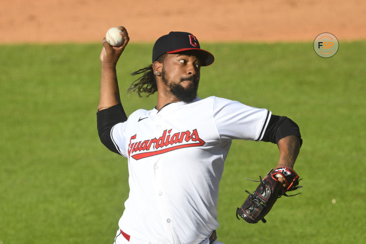 Jul 6, 2024; Cleveland, Ohio, USA; Cleveland Guardians relief pitcher Emmanuel Clase (48) delivers a pitch in the ninth inning against the San Francisco Giants at Progressive Field. Credit: David Richard-USA TODAY Sports