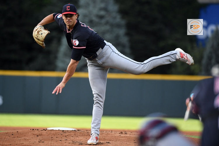 Aug 21, 2026; Denver, Colorado, USA; Cleveland Guardians pitcher Joey Cantillo (54) pitches in the first inning against the Colorado Rockies at Coors Field. Credit: Christopher Hanewinckel-Imagn Images