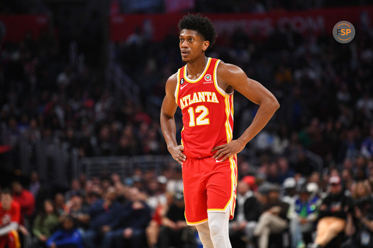 LOS ANGELES, CA - JANUARY 08: Atlanta Hawks Forward De'Andre Hunter (12) looks on during a NBA game between the Atlanta Hawks and the Los Angeles Clippers on January 8, 2023 at Crypto.com Arena in Los Angeles, CA. (Photo by Brian Rothmuller/Icon Sportswire)
