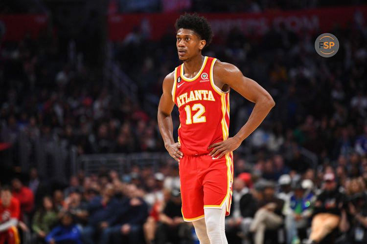 LOS ANGELES, CA - JANUARY 08: Atlanta Hawks Forward De'Andre Hunter (12) looks on during a NBA game between the Atlanta Hawks and the Los Angeles Clippers on January 8, 2023 at Crypto.com Arena in Los Angeles, CA. (Photo by Brian Rothmuller/Icon Sportswire)
