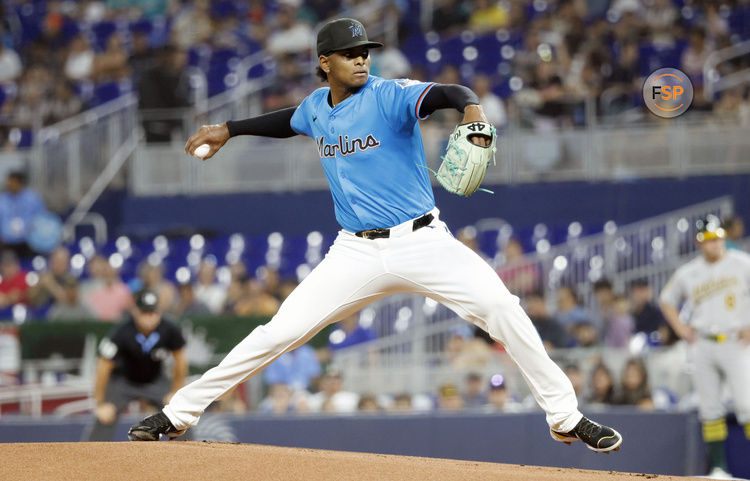 May 4, 2025; Miami, Florida, USA;  Miami Marlins pitcher Edward Cabrera (27) pitches against the Oakland Athletics during the first inning at loanDepot Park. Credit: Rhona Wise-Imagn Images