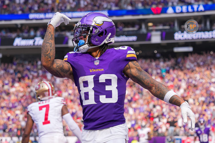 Sep 15, 2024; Minneapolis, Minnesota, USA; Minnesota Vikings wide receiver Jalen Nailor (83) celebrates his touchdown against the San Francisco 49ers in the third quarter at U.S. Bank Stadium. Credit: Brad Rempel-Imagn Images