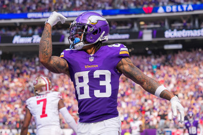 Sep 15, 2024; Minneapolis, Minnesota, USA; Minnesota Vikings wide receiver Jalen Nailor (83) celebrates his touchdown against the San Francisco 49ers in the third quarter at U.S. Bank Stadium. Mandatory Credit: Brad Rempel-Imagn Images