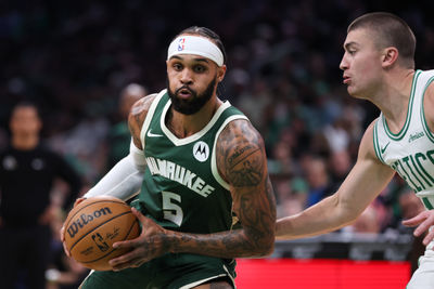 Oct 28, 2024; Boston, Massachusetts, USA; Milwaukee Bucks guard Gary Trent Jr (5) drives to the basket during the first half against the Boston Celtics at TD Garden. Mandatory Credit: Paul Rutherford-Imagn Images